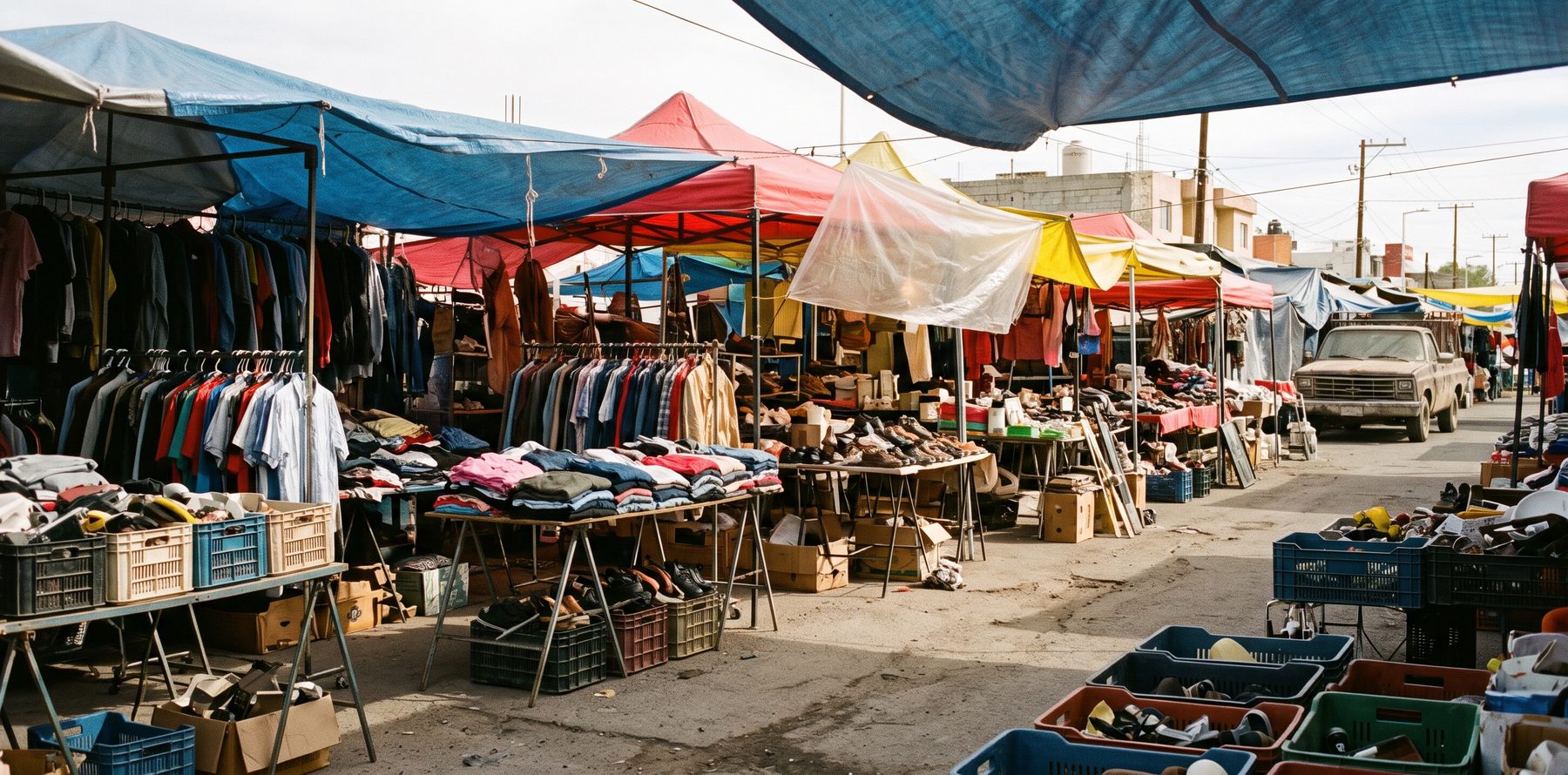 Puesto de ropa y mercancías en un tianguis tradicional del norte de México.